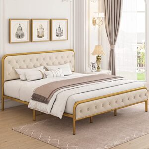 AIhomstyle Queen Size Bed Frame, Upholstered Queen Bed Frame with Velvet Tufted Headboard, Heavy Duty Metal Foundation, Bed Frame with Wood Slat Support, No Box Spring Needed, Noise-Free, Gold/Beige