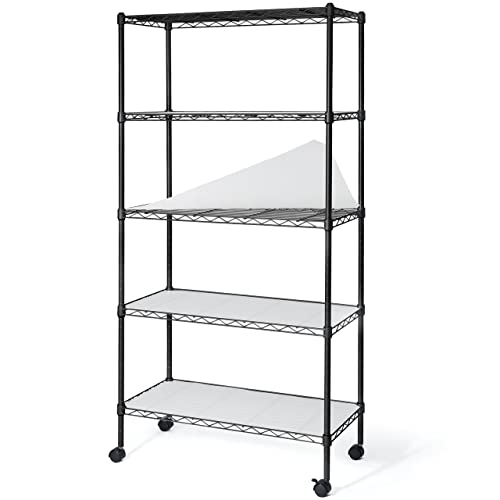 Fencer Wire NSF 5-Tier Adjustable Height Wire Shelving Unit, Garage Shelving Storage Organizer, Kitchen Wire Rack, Metal Steel Storage Shelf, Utility Storage Shelf with Leveling Feet, Wheels & Liners