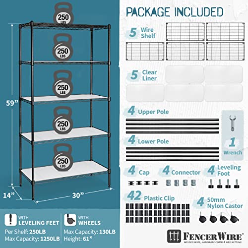 Fencer Wire NSF 5-Tier Adjustable Height Wire Shelving Unit, Garage Shelving Storage Organizer, Kitchen Wire Rack, Metal Steel Storage Shelf, Utility Storage Shelf with Leveling Feet, Wheels & Liners