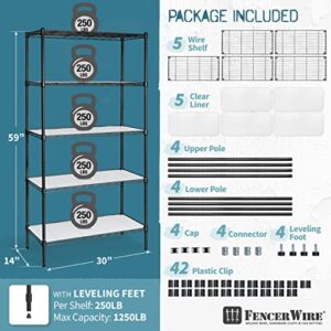 Fencer Wire NSF Adjustable Height Wire Shelving Unit w/Liner, Basement Storage Shelving, Metal Steel Storage Shelves, Kitchen, Garage Shelving Storage Organizer, Utility Shelf, 5-Tier W/Liners