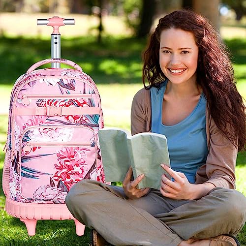 FTJCF 3pcs Rolling Backpack for Women, 21 Inche Adult Bag with Roller Wheels, Wheeled Bookbag Set for Girls - Pink