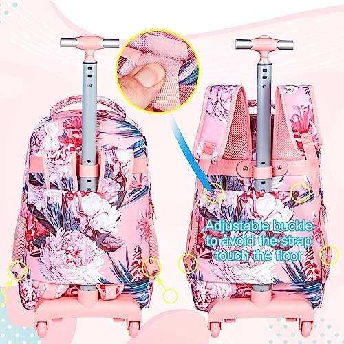 FTJCF 3pcs Rolling Backpack for Women, 21 Inche Adult Bag with Roller Wheels, Wheeled Bookbag Set for Girls - Pink