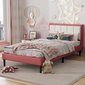 konprosp twin size bed frame with upholstered headboard, platform in new technical fabric, mattress foundation with wooden slats support, easy assembly, no box spring needed, red & white