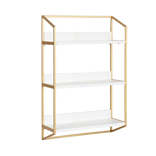 Kate and Laurel Hylton Modern Glam 3-Tier Floating Wall Shelf for Display and Storage, 18x28x7, White/Gold