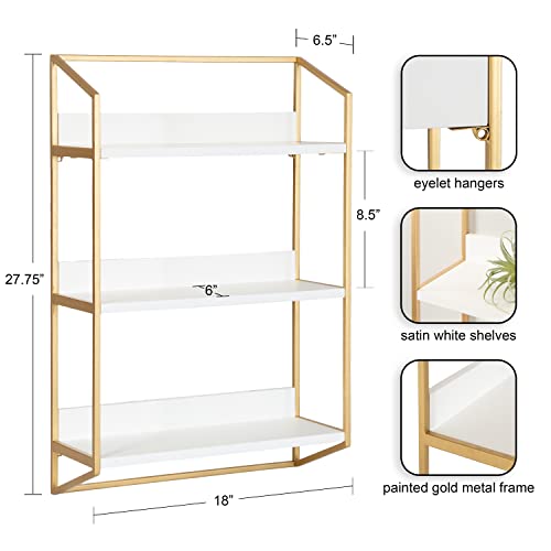 Kate and Laurel Hylton Modern Glam 3-Tier Floating Wall Shelf for Display and Storage, 18x28x7, White/Gold