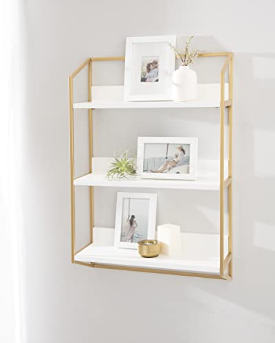 Kate and Laurel Hylton Modern Glam 3-Tier Floating Wall Shelf for Display and Storage, 18x28x7, White/Gold