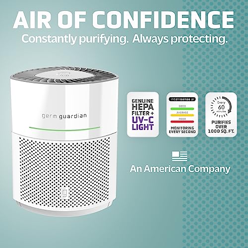 Germ Guardian AirSafe+ Intelligent Air Purifier with 360° HEPA 13 Filter, Captures 99.97% of Pollutants, Wildfire Smoke, Large Rooms, Air Quality Sensor, UVC Light, Zero Ozone Verified, White AC3000W