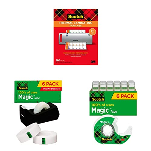 Scotch Thermal Laminating Pouches, 200- Count-Pack of 1, 8.9 x 11.4 Inches, Letter Size Sheets, Clear, 3-Mil (TP3854-200) & Scotch Magic Tape, 6 Rolls & Scotch Magic Tape, 6 Rolls