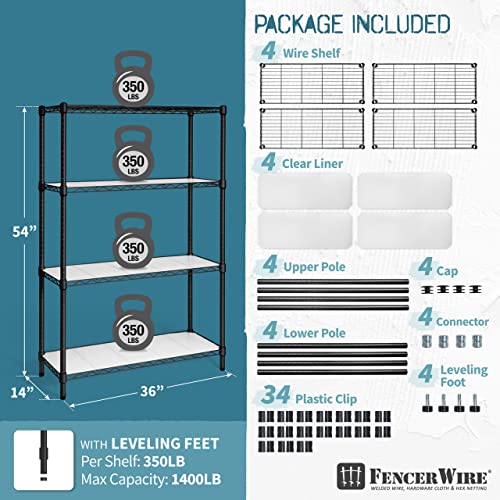 Fencer Wire NSF Adjustable Height Wire Shelving w/Liner, Basement Storage Shelving, Metal Steel Storage Shelves, Kitchen, Garage Shelving Storage Organizer, Utility Shelf, 4-Tier W/Liners, Black