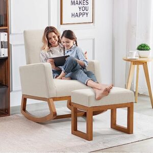 yoleny rocking chair with footstool, upholstered nursery glider rocker, modern accent rocking lounge chair, comfy high back, linen armchair,beige
