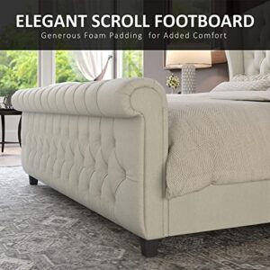 AMERLIFE Queen Size Platform Bed Frame, Chenille Upholstered Sleigh Bed with Scroll Wingback Headboard & Footboard/Button Tufted/No Box Spring Required/Cream