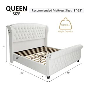 AMERLIFE Queen Size Platform Bed Frame, Chenille Upholstered Sleigh Bed with Scroll Wingback Headboard & Footboard/Button Tufted/No Box Spring Required/Cream