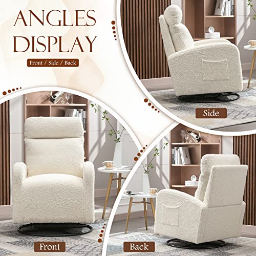 KINFFICT Modern Swivel Glider Chair, Upholstered Accent Glider Rocker for Baby Nursery, Comfy Tall Back Rocking Armchair with Side Pocket and Headrest for Living Room, Bedroom, White Teddy Fabric