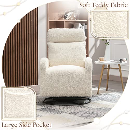 KINFFICT Modern Swivel Glider Chair, Upholstered Accent Glider Rocker for Baby Nursery, Comfy Tall Back Rocking Armchair with Side Pocket and Headrest for Living Room, Bedroom, White Teddy Fabric