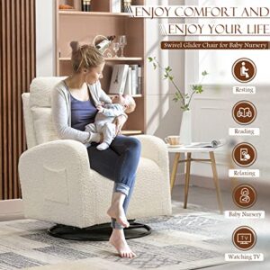 KINFFICT Modern Swivel Glider Chair, Upholstered Accent Glider Rocker for Baby Nursery, Comfy Tall Back Rocking Armchair with Side Pocket and Headrest for Living Room, Bedroom, White Teddy Fabric