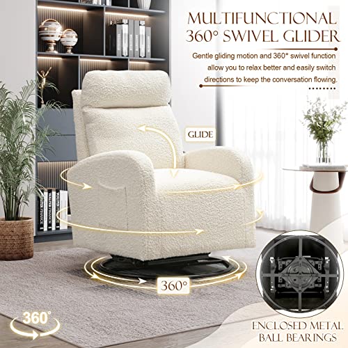 KINFFICT Modern Swivel Glider Chair, Upholstered Accent Glider Rocker for Baby Nursery, Comfy Tall Back Rocking Armchair with Side Pocket and Headrest for Living Room, Bedroom, White Teddy Fabric