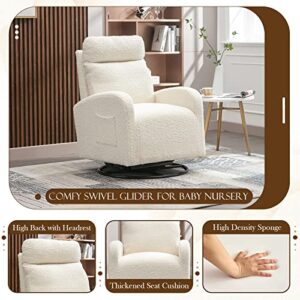 KINFFICT Modern Swivel Glider Chair, Upholstered Accent Glider Rocker for Baby Nursery, Comfy Tall Back Rocking Armchair with Side Pocket and Headrest for Living Room, Bedroom, White Teddy Fabric