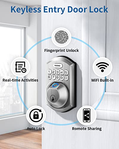 Fingerprint Door Lock: TEEHO TE002W Smart Lock, Built-in WiFi Keyless Entry Door Lock Deadbolt, Easy Installation, BHMA Cert, Satin Nickel