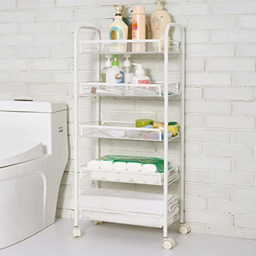 TJLSS Household Storage Slit Movable Trolley White Living Room Shelf Kitchen Vegetable Basket Trolley with Wheels (Color : Beige, Size : 105 * 45 * 27cm)