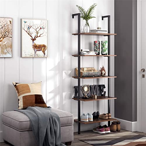 TJLSS Industry Ladder Shelving Unit 5 Tier Display Stand Book Shelf Wall Rack Storage Wood & Metal Frame