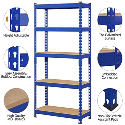 Topeakmart 2 PCS 5-Tier Utility Shelves, Metal Storage Shelves Garage Shelving Unit Adjustable Garage Storage Shelves Storage Racks Heavy Duty Shed Shelving-Blue, 27.5 x 12 x 60 Inch