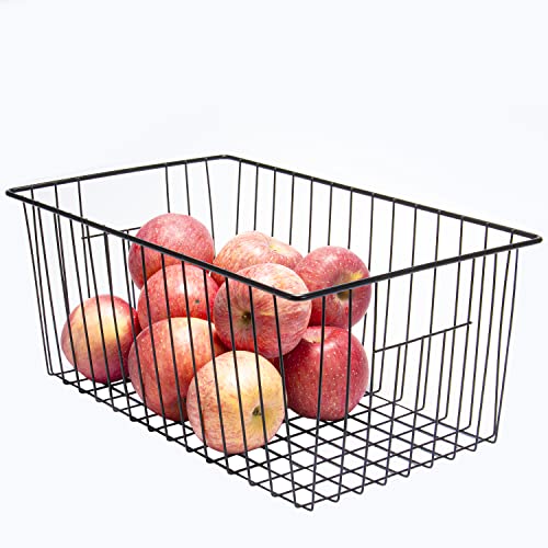 16inch Freezer Wire Storage Organizer Baskets, Refrigerator Metal Bins with Handles for Kitchen, Pantry, Cabinet, Closets - Set of 4 (Black 4)