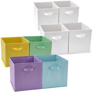 ezoware set of 8 fabric basket bins, 13 x 15 x 13 inch collapsible organizer storage cube with handles for home, bedroom, baby nursery, kids playroom toys - ( white + assorted color )