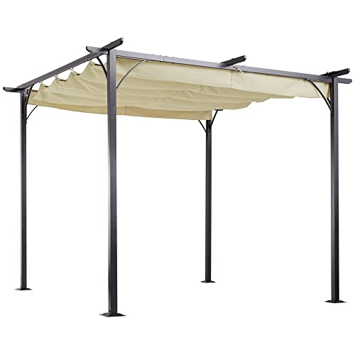 Outsunny 10' x 10' Patio Retractable Pergola Canopy, Backyard Shade Shelter for Deck, Porch Party, Garden, Grill Gazebo, Beige