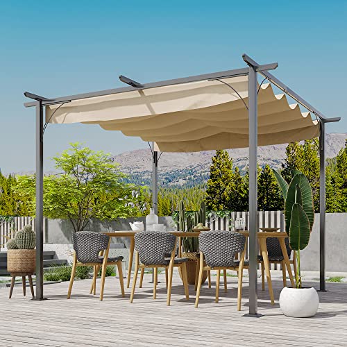 Outsunny 10' x 10' Patio Retractable Pergola Canopy, Backyard Shade Shelter for Deck, Porch Party, Garden, Grill Gazebo, Beige