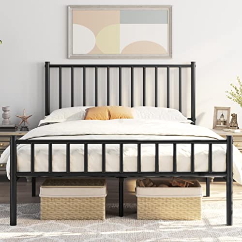 Yaheetech 14 Inch Queen Size Bed Frame Metal Platform Bed with Spindle Headboard Footboard/Mattress Foundation/No Box Spring Needed/Underbed Storage Space/Steel Slat Support/Easy Set up, Black