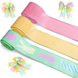 3 rolls 30 yards easter bunny wired edge ribbons 2.5 inch decorative wired ribbons easter pastel spring fabric ribbon colorful party decorations for diy craft wreath gift, pink, yellow, green