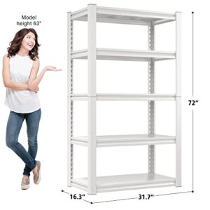 Raybee 72" Garage Shelving Heavy Duty Garage Storage Shelves Load 2000LBS, Adjustable 5-Tier Heavy Duty Shelving, Tall Garage Shelves ＆ All Metal Shelving Utility Shelf, 72" H x31.7 W x16.3 D, White