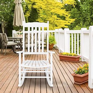 Outvita Outdoor Rocking Chair, Solid Wood High Back Rocker, All Weather Lounge Chair for Porch Patio Fire Pit Garden Backyard Deck Indoor, Wave Shape, White