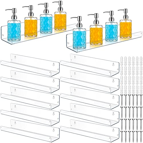 12 Pieces Clear Acrylic Shelf 15 Inch Acrylic Floating Shelves Invisible Ledge Wall Bookshelf for Kids Wall Mounted 3 mm Thick Bathroom Shelves for Office Bedroom Bathroom Kitchen