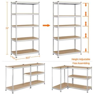 Topeakmart 4PCS 5-Tier Utility Shelves, Metal Storage Shelves Garage Shelving Unit Adjustable Garage Storage Shelves Storage Racks Heavy Duty Shed Shelving- Silver, 35.5 x 17.5 x 72 Inch