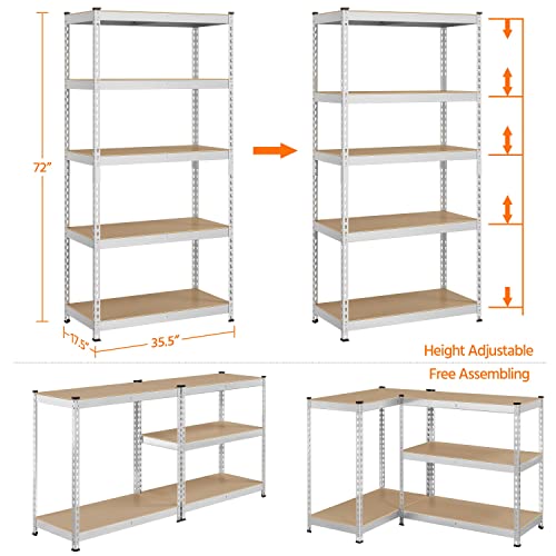 Topeakmart 4PCS 5-Tier Utility Shelves, Metal Storage Shelves Garage Shelving Unit Adjustable Garage Storage Shelves Storage Racks Heavy Duty Shed Shelving- Silver, 35.5 x 17.5 x 72 Inch