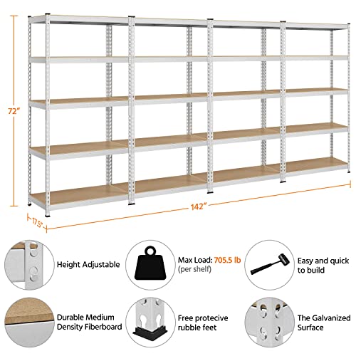 Topeakmart 4PCS 5-Tier Utility Shelves, Metal Storage Shelves Garage Shelving Unit Adjustable Garage Storage Shelves Storage Racks Heavy Duty Shed Shelving- Silver, 35.5 x 17.5 x 72 Inch