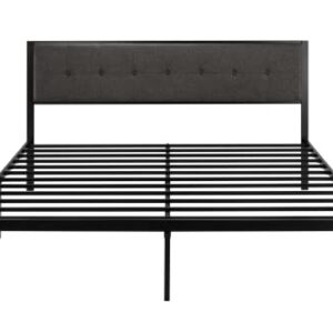 SHA CERLIN King Size Bed Frame with Upholstered Headboard, Platform Bed Frame with Metal Slats, Button Tufted Square Stitched Headboard, Noise Free, No Box Spring Needed, Easy Assembly, Dark Grey