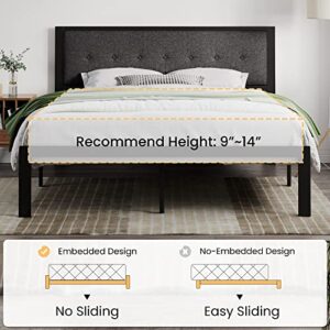 SHA CERLIN King Size Bed Frame with Upholstered Headboard, Platform Bed Frame with Metal Slats, Button Tufted Square Stitched Headboard, Noise Free, No Box Spring Needed, Easy Assembly, Dark Grey