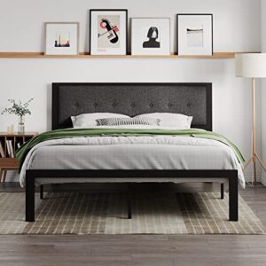 SHA CERLIN King Size Bed Frame with Upholstered Headboard, Platform Bed Frame with Metal Slats, Button Tufted Square Stitched Headboard, Noise Free, No Box Spring Needed, Easy Assembly, Dark Grey