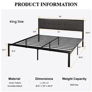 SHA CERLIN King Size Bed Frame with Upholstered Headboard, Platform Bed Frame with Metal Slats, Button Tufted Square Stitched Headboard, Noise Free, No Box Spring Needed, Easy Assembly, Dark Grey
