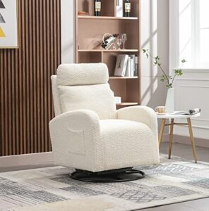 kurhwyss swivel glider chair for nursery, modern rocker chair with high back and storage pocket, upholstered accent rocking chair with solid metal base for living room, bedroom (cream white teddy)