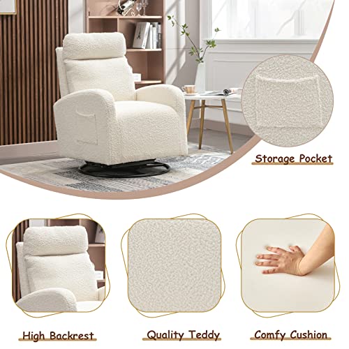 Kurhwyss Swivel Glider Chair for Nursery, Modern Rocker Chair with High Back and Storage Pocket, Upholstered Accent Rocking Chair with Solid Metal Base for Living Room, Bedroom (Cream White Teddy)