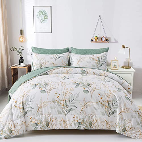 Botanical Comforter Set Full, 7 Pieces Floral Reversible Bed in a Bag Green Leaves Printed Bedding Set Soft Microfiber Full (1 Comforter,2 Pillowcase,2 Pillow Shams,1 Flat Sheet,1 Fitted Sheet)