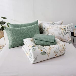 Botanical Comforter Set Full, 7 Pieces Floral Reversible Bed in a Bag Green Leaves Printed Bedding Set Soft Microfiber Full (1 Comforter,2 Pillowcase,2 Pillow Shams,1 Flat Sheet,1 Fitted Sheet)