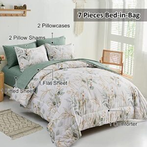 Botanical Comforter Set Full, 7 Pieces Floral Reversible Bed in a Bag Green Leaves Printed Bedding Set Soft Microfiber Full (1 Comforter,2 Pillowcase,2 Pillow Shams,1 Flat Sheet,1 Fitted Sheet)