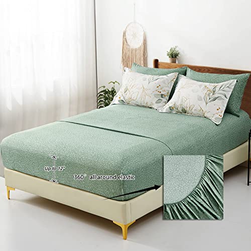 Botanical Comforter Set Full, 7 Pieces Floral Reversible Bed in a Bag Green Leaves Printed Bedding Set Soft Microfiber Full (1 Comforter,2 Pillowcase,2 Pillow Shams,1 Flat Sheet,1 Fitted Sheet)