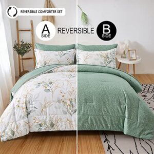 Botanical Comforter Set Full, 7 Pieces Floral Reversible Bed in a Bag Green Leaves Printed Bedding Set Soft Microfiber Full (1 Comforter,2 Pillowcase,2 Pillow Shams,1 Flat Sheet,1 Fitted Sheet)