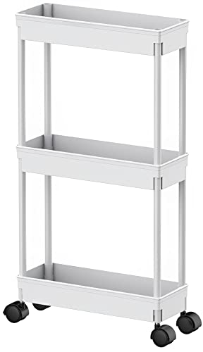 Sooyee 3 Tier Rolling Cart with Wheels,Slim Storage Cart,Narrow Storage Cabinet,Under Desk Storage,Rolling Utility Cart Storage Organizer for Office Bathroom Kitchen Laundry Room Narrow Places, White