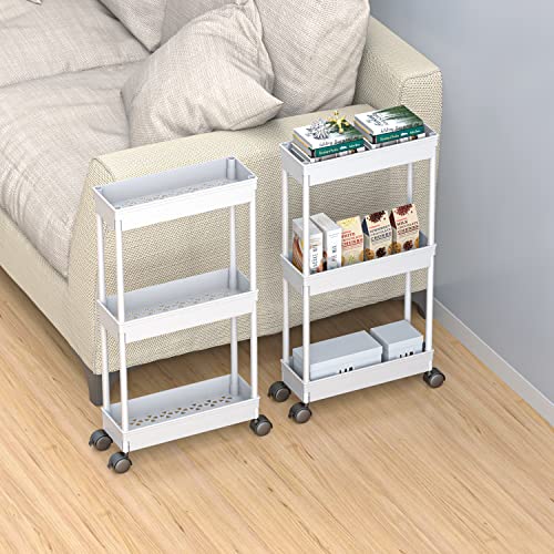Sooyee 3 Tier Rolling Cart with Wheels,Slim Storage Cart,Narrow Storage Cabinet,Under Desk Storage,Rolling Utility Cart Storage Organizer for Office Bathroom Kitchen Laundry Room Narrow Places, White